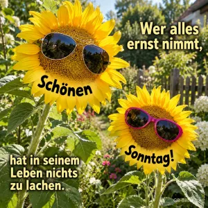 Zwei Sonnenblumen mit Sonnenbrillen im Garten, Text: Wer alles ernst nimmt, hat in seinem Leben nichts zu lachen. Schönen Sonntag!