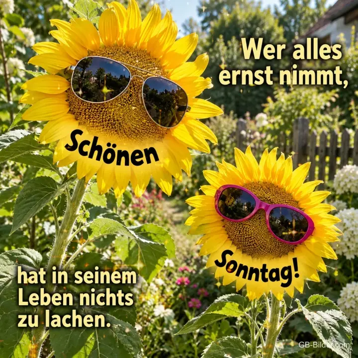 Zwei Sonnenblumen mit Sonnenbrillen im Garten, Text: Wer alles ernst nimmt, hat in seinem Leben nichts zu lachen. Schönen Sonntag!