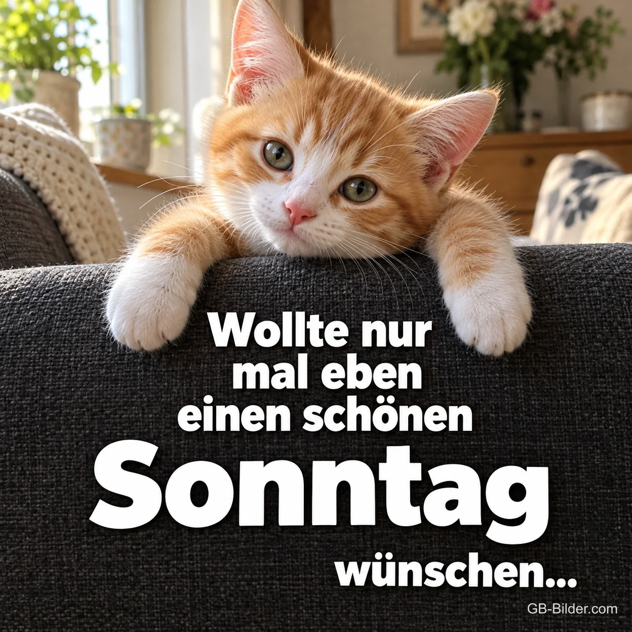 Kätzchen über der Sofalehne, Text: Wollte nur mal eben einen schönen Sonntag wünschen