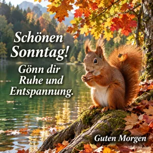 Eichhörnchen knabbert auf einem Baumstamm am herbstlichen See, Text: Schönen Sonntag! Gönn dir Ruhe und Entspannung. Guten Morgen