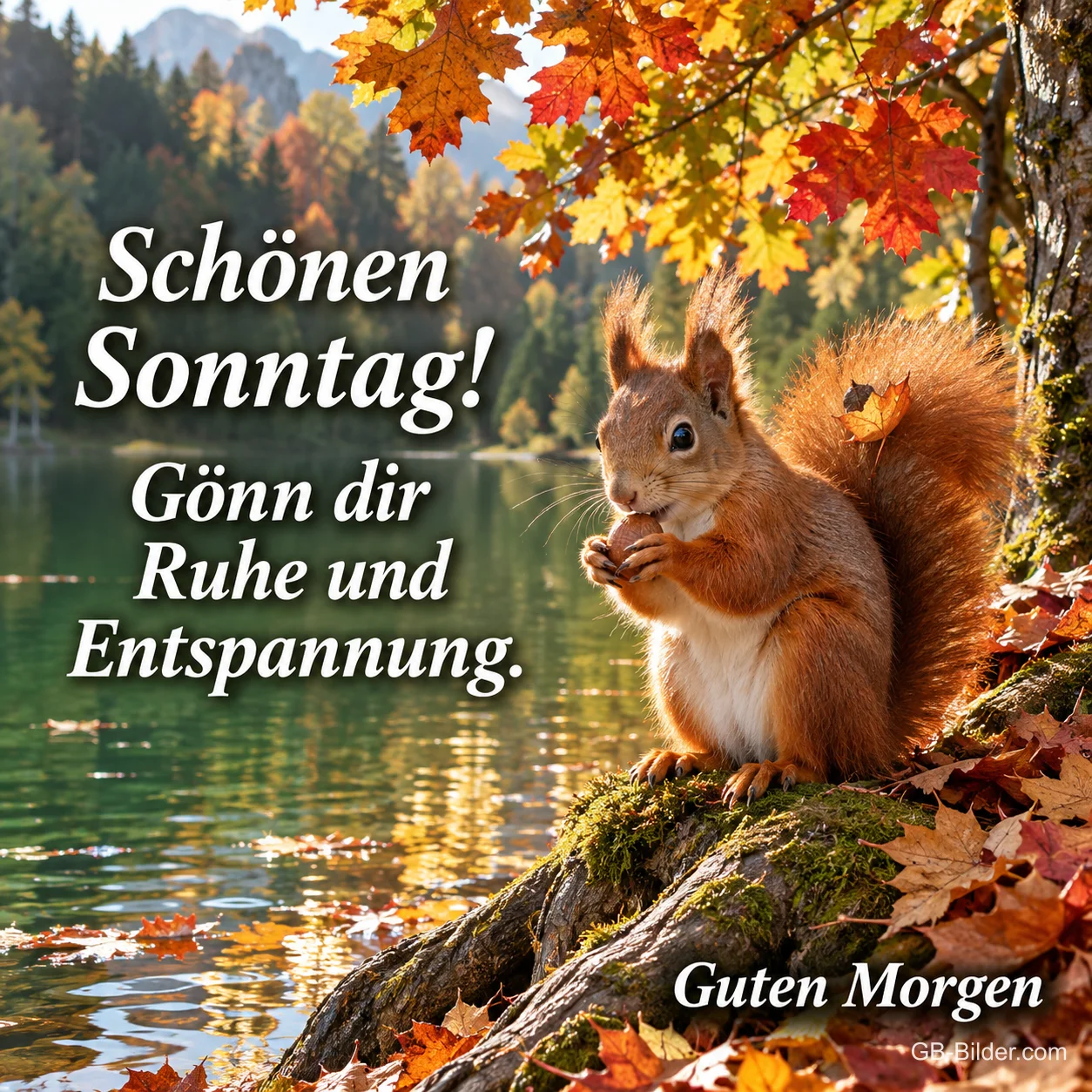 Eichhörnchen knabbert auf einem Baumstamm am herbstlichen See, Text: Schönen Sonntag! Gönn dir Ruhe und Entspannung. Guten Morgen