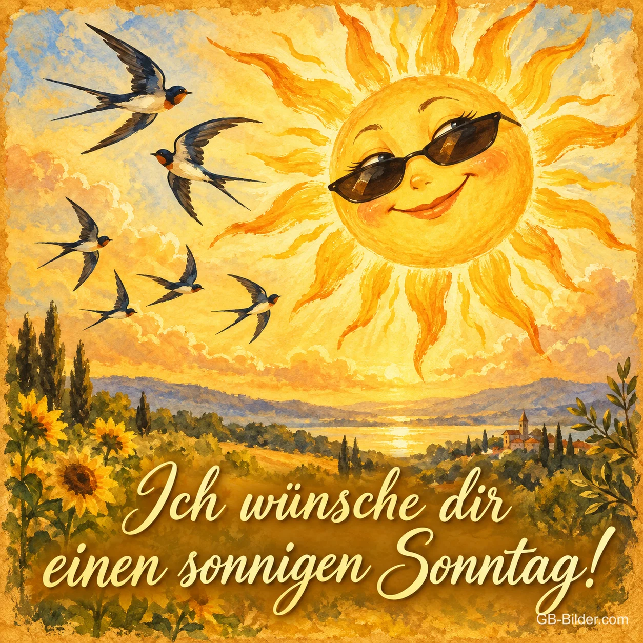 Lachende Sonne mit Sonnenbrille, darunter Schwalben über Sonnenblumen, Text: Ich wünsche dir einen sonnigen Sonntag!