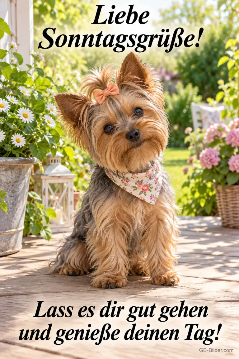 Yorkshire Terrier mit Schleife und Halstuch auf einer Terrasse, Text: Liebe Sonntagsgrüße! Lass es dir gut gehen und genieße deinen Tag!