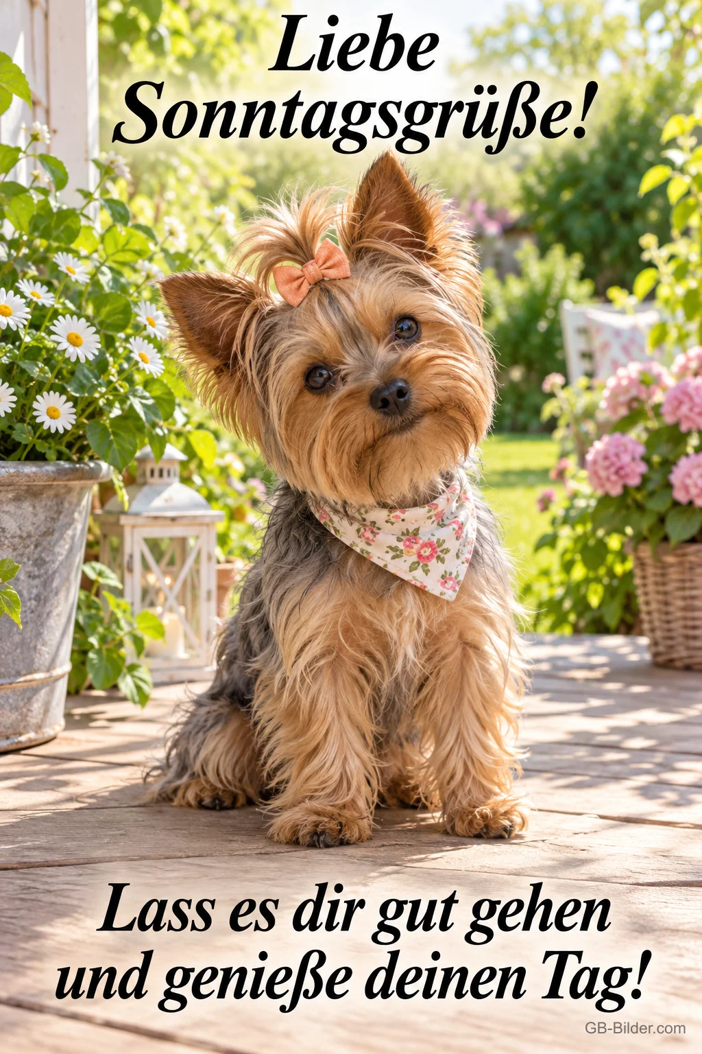 Yorkshire Terrier mit Schleife und Halstuch auf einer Terrasse, Text: Liebe Sonntagsgrüße! Lass es dir gut gehen und genieße deinen Tag!