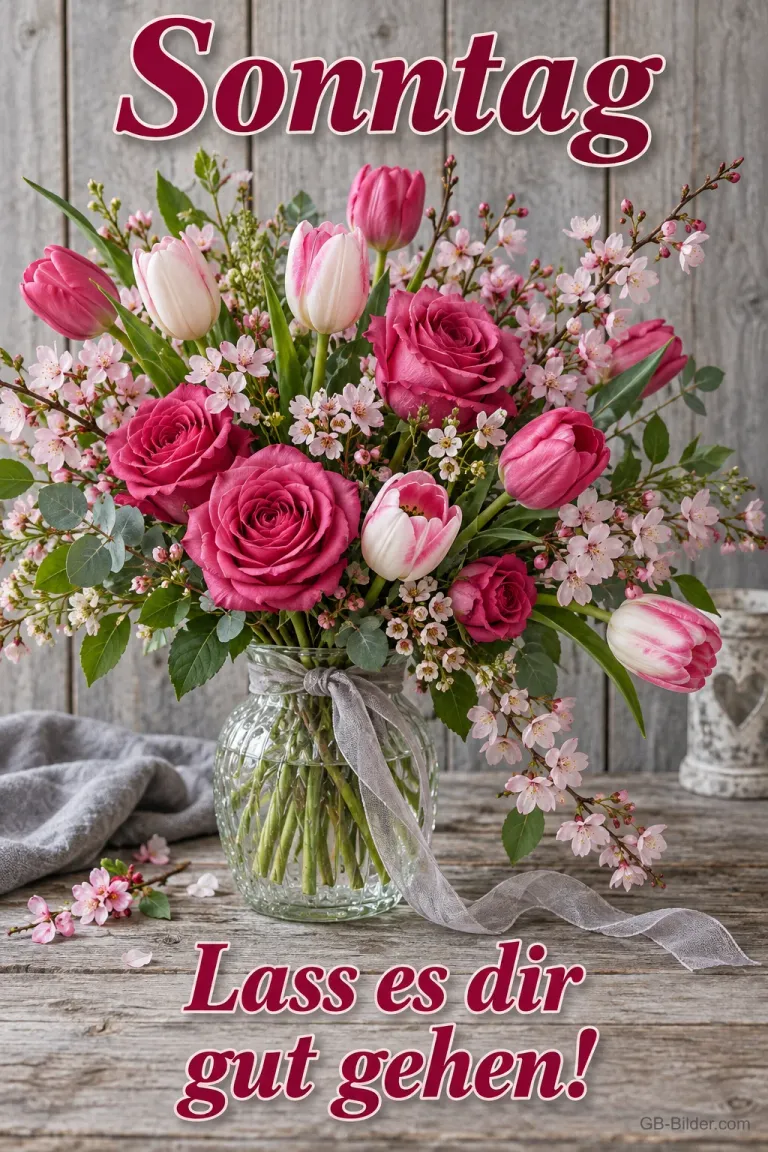 Strauß aus Rosen und Tulpen in einer Glasvase, Text: Sonntag – Lass es dir gut gehen!