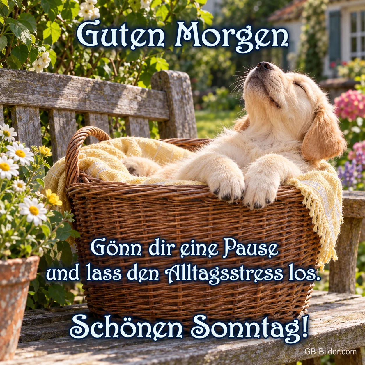 Golden-Retriever-Welpe lehnt sich entspannt in einem Weidenkorb zurück, Text: Guten Morgen – Gönn dir eine Pause und lass den Alltagsstress los. Schönen Sonntag!