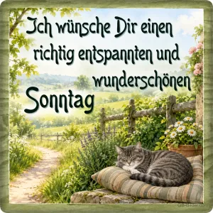 Schlafende Katze am Feldweg, Text: Ich wünsche Dir einen richtig entspannten und wunderschönen Sonntag