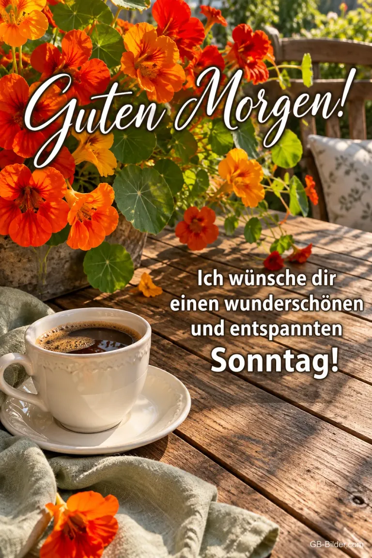 Kaffeetasse auf einem Holztisch zwischen orangen Blumen, Text: Guten Morgen! Ich wünsche dir einen wunderschönen und entspannten Sonntag!