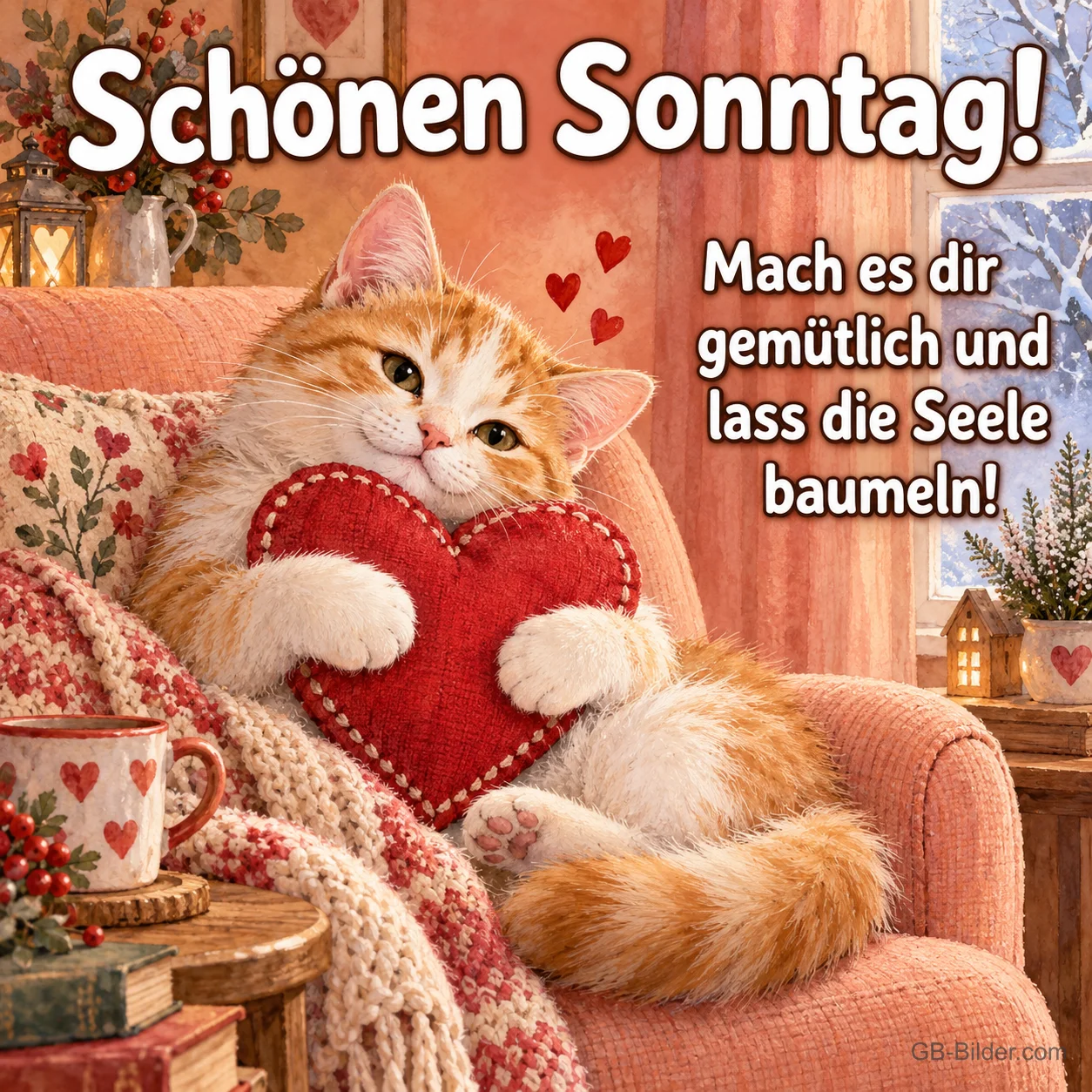 Rotes Kätzchen kuschelt mit einem roten Herzkissen im Sessel, Text: Schönen Sonntag! Mach es dir gemütlich und lass die Seele baumeln!