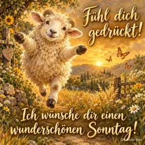 Schaf springt mit ausgebreiteten Beinen über eine Sommerwiese, Text: Fühl dich gedrückt! Ich wünsche dir einen wunderschönen Sonntag!