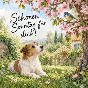 Jack Russell liegt unter einem blühenden Baum, darüber eine Blaumeise, Text: Schönen Sonntag für dich!