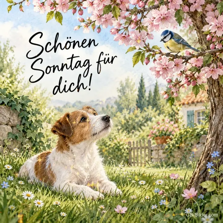 Jack Russell liegt unter einem blühenden Baum, darüber eine Blaumeise, Text: Schönen Sonntag für dich!