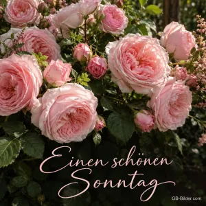 Üppiger Strauch mit rosa Rosen, Text: Einen schönen Sonntag