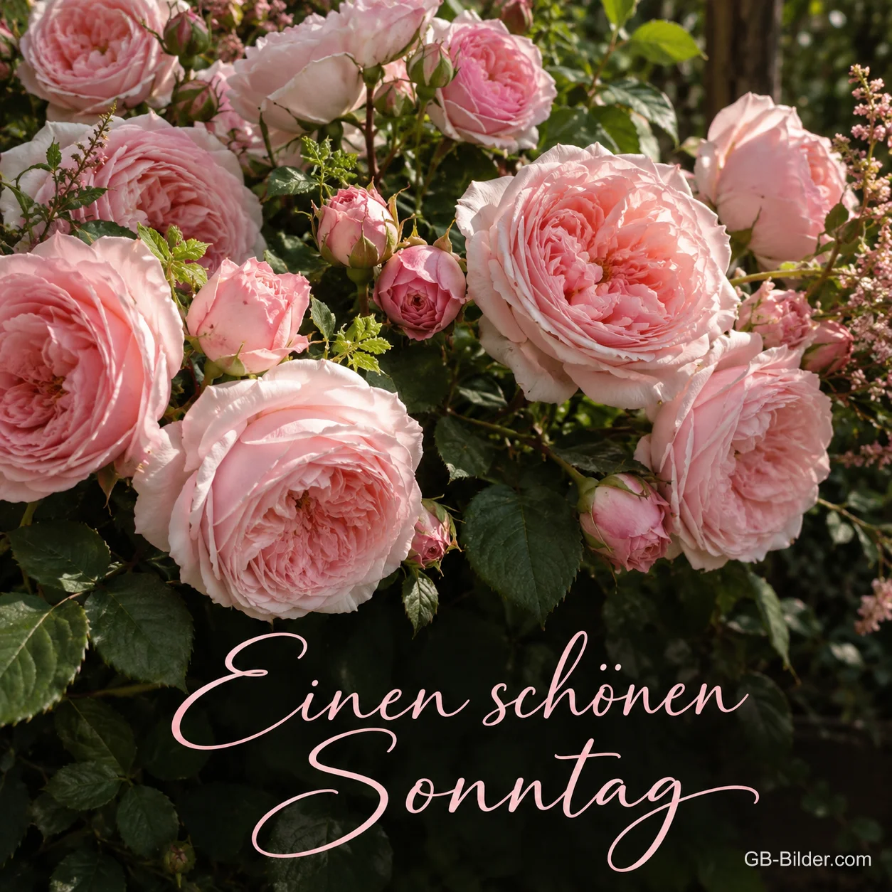 Üppiger Strauch mit rosa Rosen, Text: Einen schönen Sonntag