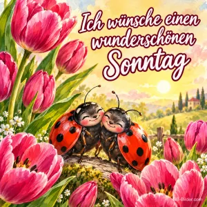 Zwei lachende Marienkäfer kuscheln zwischen rosa Tulpen, Text: Ich wünsche einen wunderschönen Sonntag
