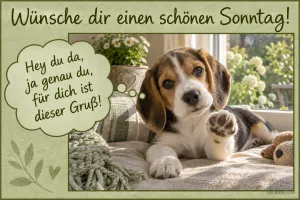 Beagle-Welpe hebt die Pfote auf einem Kissen am Fenster, Text: Wünsche dir einen schönen Sonntag! Hey du da, ja genau du, für dich ist dieser Gruß!