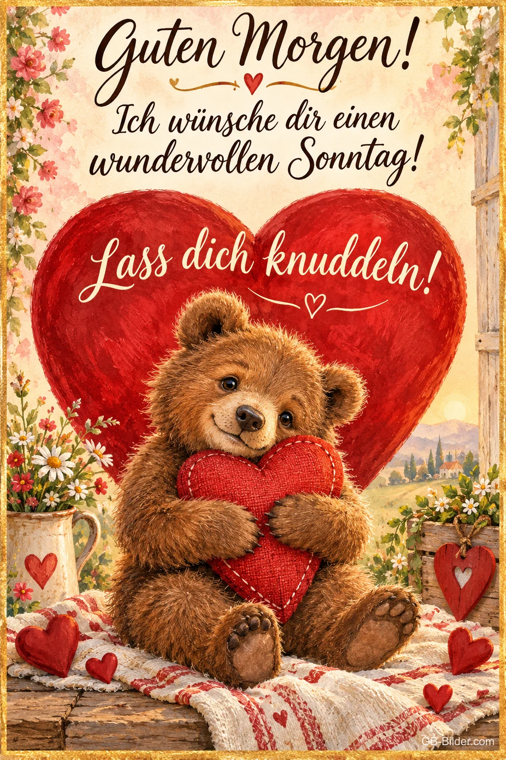 Teddybär umarmt ein rotes Herz vor einem großen Herz, Text: Guten Morgen! Ich wünsche dir einen wundervollen Sonntag! Lass dich knuddeln!