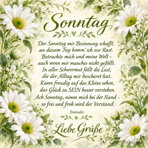 Gedicht in einem Rahmen aus weißen Margeriten, Text: Sonntag – Der Sonntag mir Besinnung schafft, an diesem Tag komm’ ich zur Rast. Betrachte mich und meine Welt – auch wenn mir manches nicht gefällt. In aller Schwermut fällt die Last, die der Alltag mir bescheret hat.. Kann freudig auf das Kleine sehen, das Glück zu SEIN besser verstehen. Ach Sonntag, nimm mich bei der Hand – so frei und froh wird der Verstand. – Emirades – Liebe Grüße