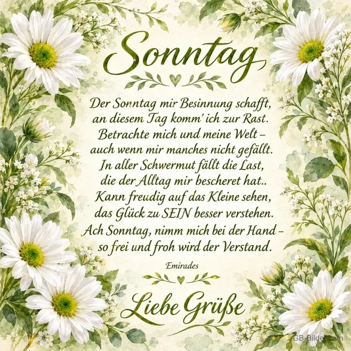 Gedicht in einem Rahmen aus weißen Margeriten, Text: Sonntag – Der Sonntag mir Besinnung schafft, an diesem Tag komm’ ich zur Rast. Betrachte mich und meine Welt – auch wenn mir manches nicht gefällt. In aller Schwermut fällt die Last, die der Alltag mir bescheret hat.. Kann freudig auf das Kleine sehen, das Glück zu SEIN besser verstehen. Ach Sonntag, nimm mich bei der Hand – so frei und froh wird der Verstand. – Emirades – Liebe Grüße Gedicht in einem Rahmen aus weißen Margeriten, Text: Sonntag – Der Sonntag mir Besinnung schafft, an diesem Tag komm’ ich zur Rast. Betrachte mich und meine Welt – auch wenn mir manches nicht gefällt. In aller Schwermut fällt die Last, die der Alltag mir bescheret hat.. Kann freudig auf das Kleine sehen, das Glück zu SEIN besser verstehen. Ach Sonntag, nimm mich bei der Hand – so frei und froh wird der Verstand. – Emirades – Liebe Grüße