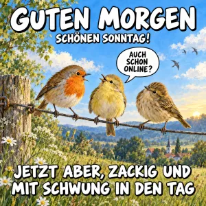 Drei Vögel auf dem Draht, lustiger Text, Text: Guten Morgen