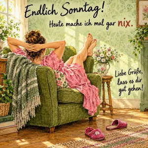 Frau legt die Beine hoch im grünen Sessel, Text: Endlich Sonntag! Heute mache ich mal gar nix. Liebe Grüße, lass es dir gut gehen!