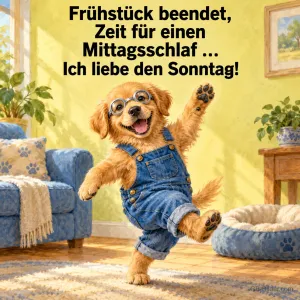 Welpe in Latzhose und Brille tanzt im Wohnzimmer, Text: Frühstück beendet, Zeit für einen Mittagsschlaf … Ich liebe den Sonntag!