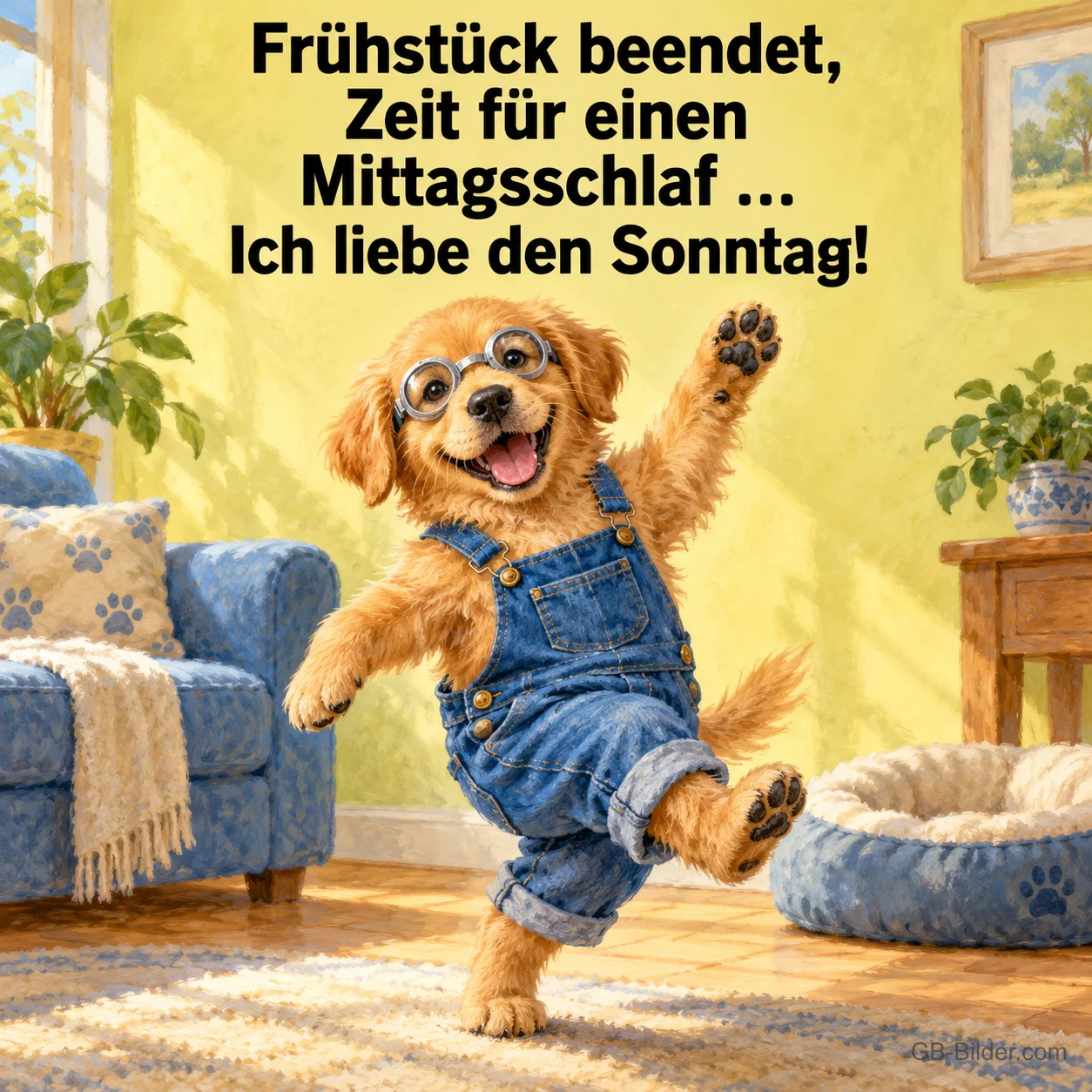 Welpe in Latzhose und Brille tanzt im Wohnzimmer, Text: Frühstück beendet, Zeit für einen Mittagsschlaf … Ich liebe den Sonntag!