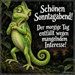 Grimmiges Chamäleon sitzt auf einem Ast im Dschungel, Text: Schönen Sonntagabend! Der morgige Tag entfällt wegen mangelndem Interesse!