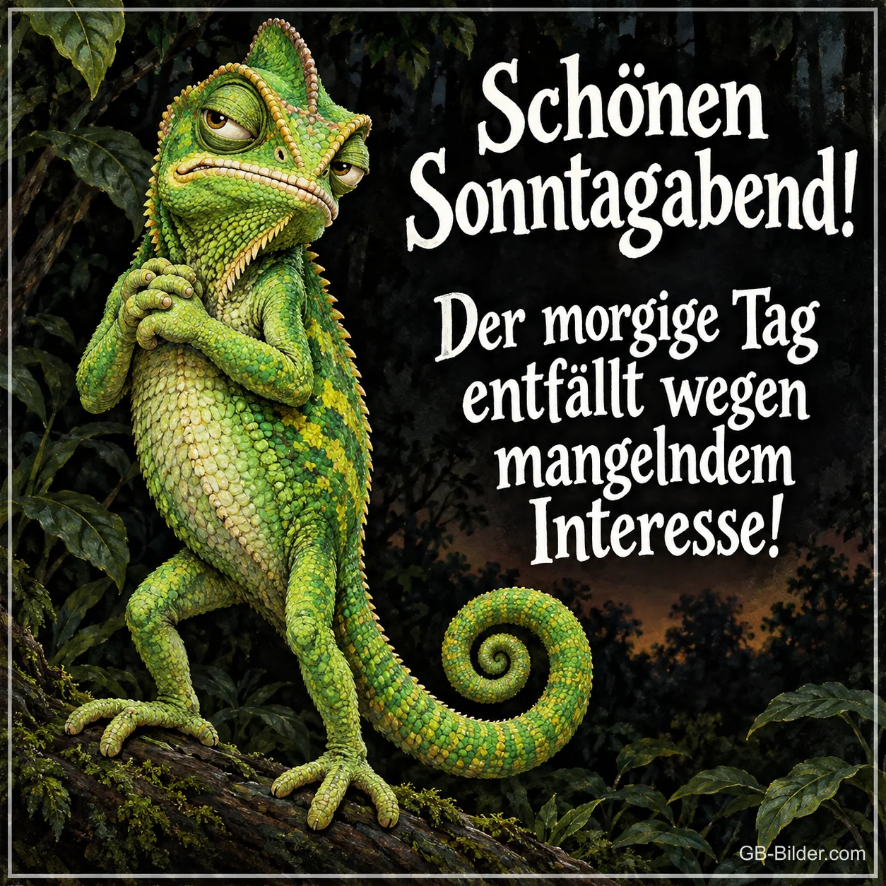 Grimmiges Chamäleon sitzt auf einem Ast im Dschungel, Text: Schönen Sonntagabend! Der morgige Tag entfällt wegen mangelndem Interesse!