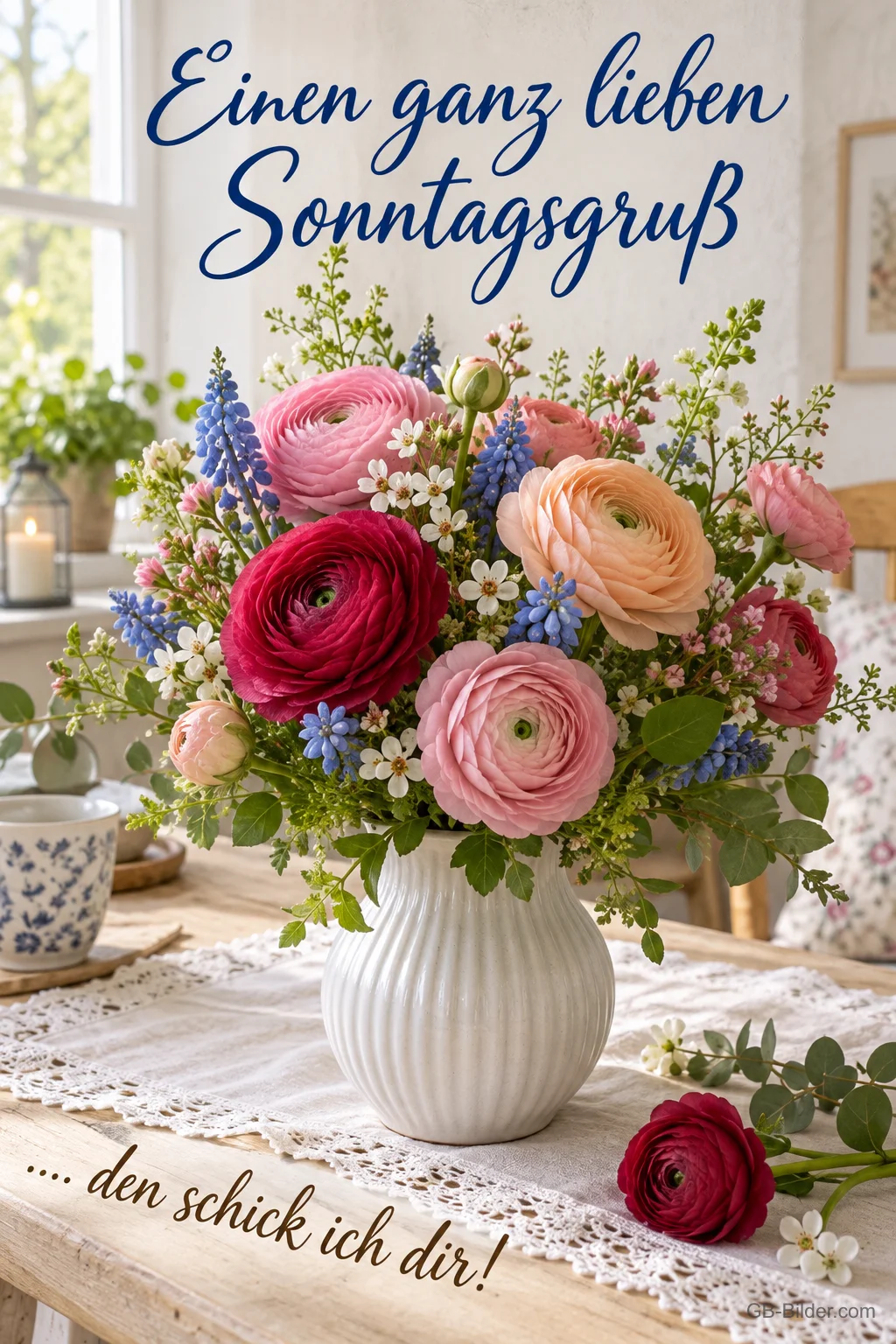 Blumenstrauß mit Ranunkeln, Text: Einen ganz lieben Sonntagsgruß