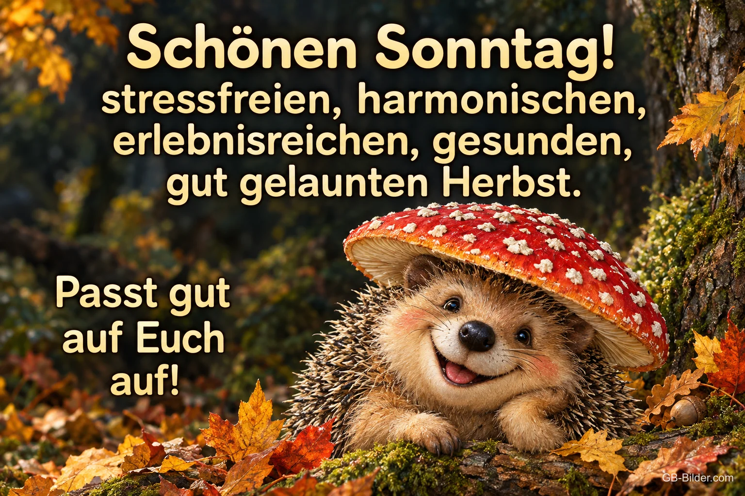 Lachender Igel mit Fliegenpilzhut im bunten Herbstlaub, Text: Schönen Sonntag! stressfreien, harmonischen, erlebnisreichen, gesunden, gut gelaunten Herbst. Passt gut auf Euch auf!