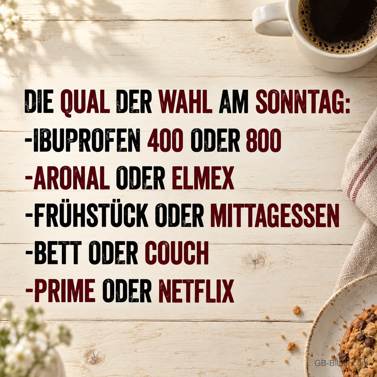 Kaffeetasse auf Holzdielen, lustige Sonntagsliste: Die Qual der Wahl am Sonntag