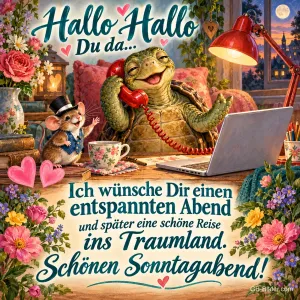 Schildkröte telefoniert lachend am Laptop, daneben eine Maus mit Zylinder, Text: Hallo Hallo Du da... Ich wünsche Dir einen entspannten Abend und später eine schöne Reise ins Traumland. Schönen Sonntagabend!