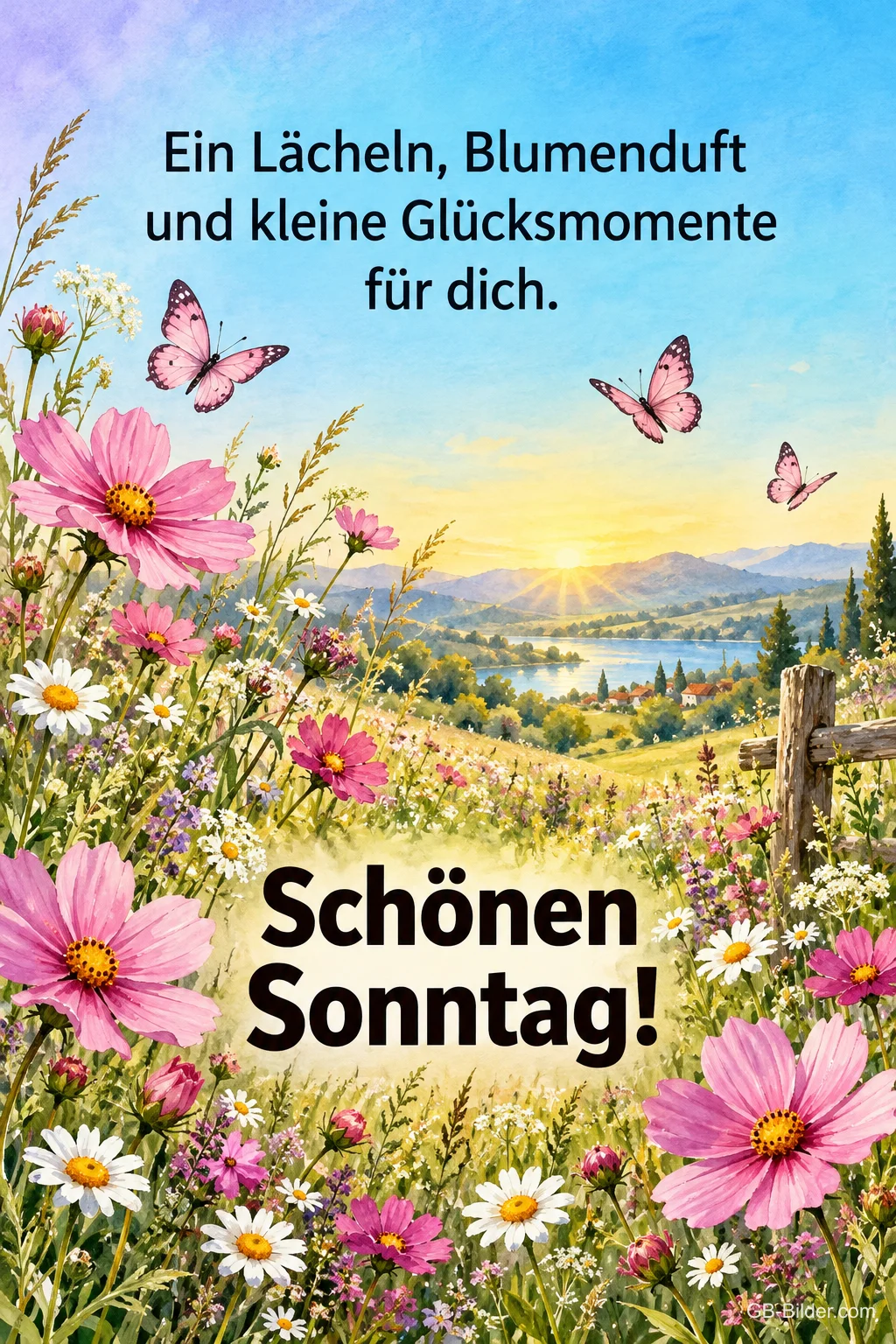 Bunte Blumenwiese mit Cosmea und Schmetterlingen, Text: Ein Lächeln, Blumenduft und kleine Glücksmomente für dich. Schönen Sonntag!