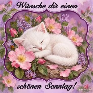 Schlafendes weißes Kätzchen zwischen Heckenrosen, Text: Wünsche dir einen schönen Sonntag!