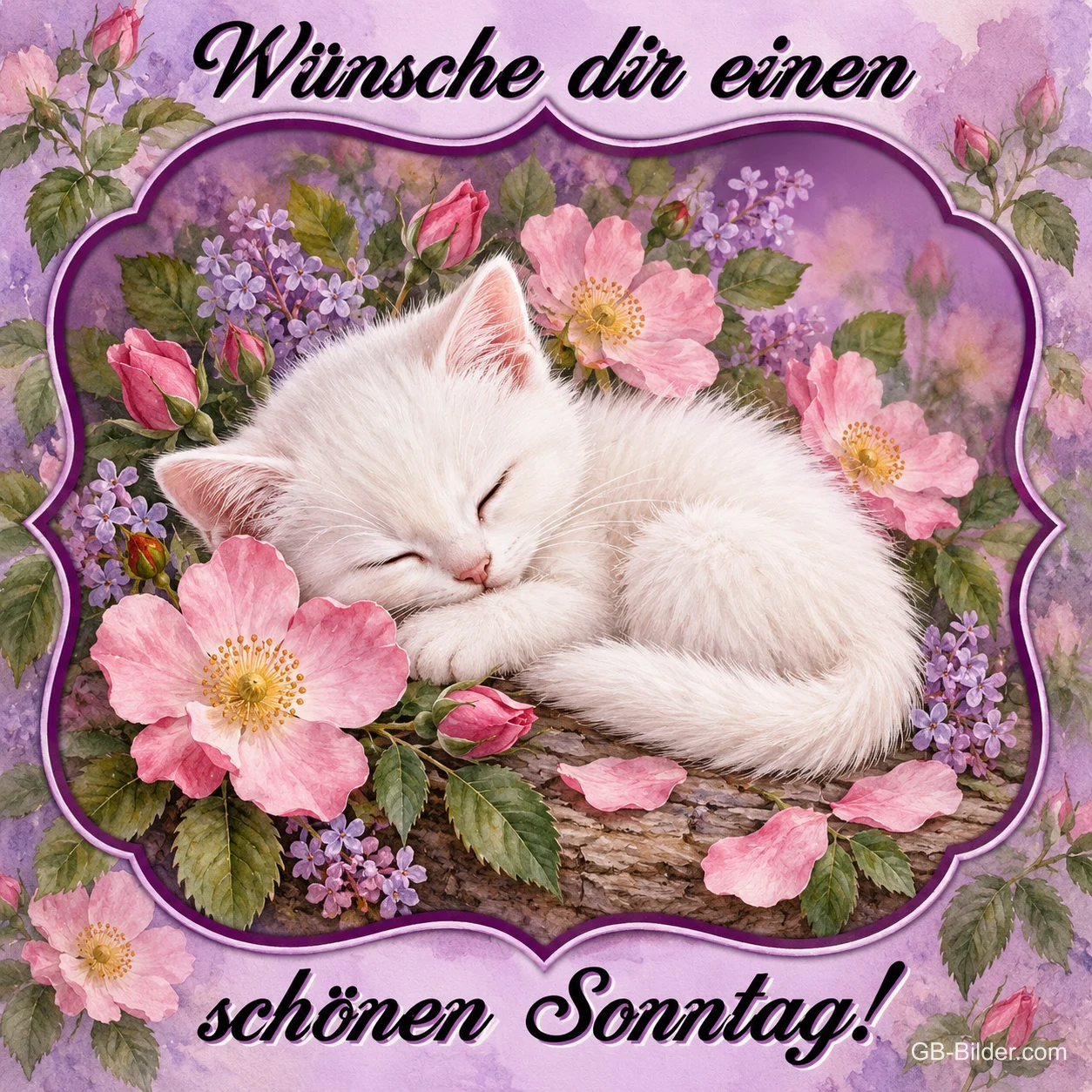 Schlafendes weißes Kätzchen zwischen Heckenrosen, Text: Wünsche dir einen schönen Sonntag!