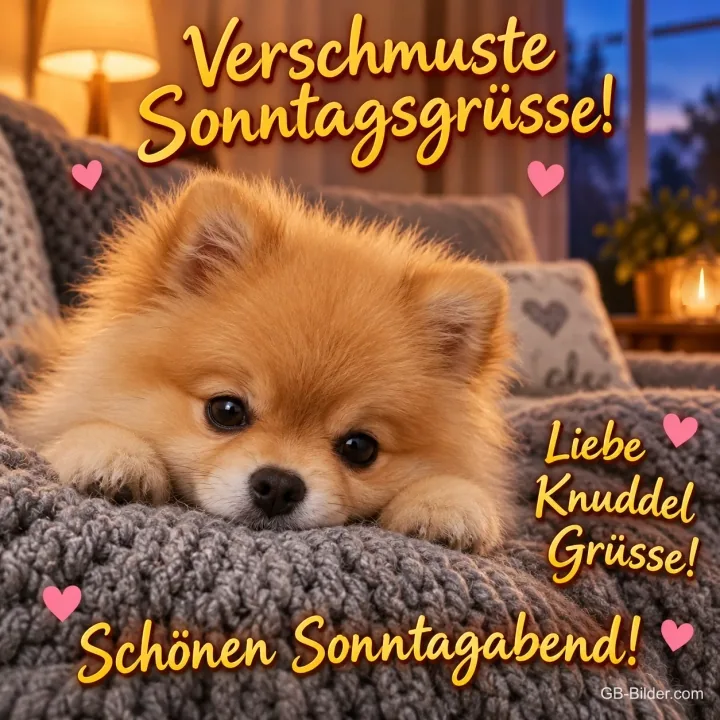 Zwergspitz auf der Strickdecke, Text: Verschmuste Sonntagsgrüsse Zwergspitz auf der Strickdecke, Text: Verschmuste Sonntagsgrüsse