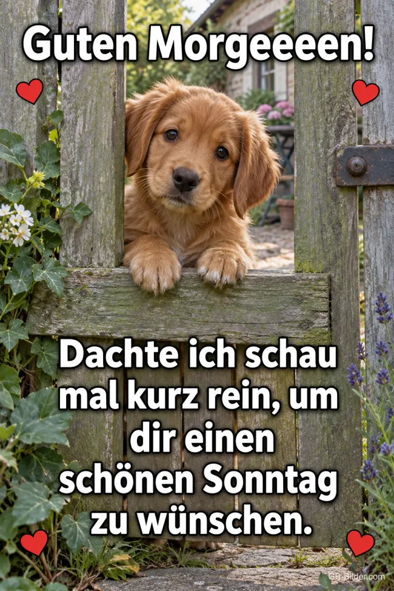 Welpe schaut über die Gartentür, Text: Guten Morgeeeen