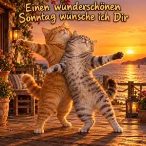Zwei Katzen tanzen umarmt auf einer Terrasse bei Sonnenuntergang, Text: Einen wunderschönen Sonntag wünsche ich Dir
