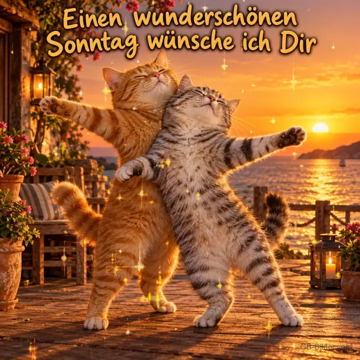 Zwei Katzen tanzen umarmt auf einer Terrasse bei Sonnenuntergang, Text: Einen wunderschönen Sonntag wünsche ich Dir