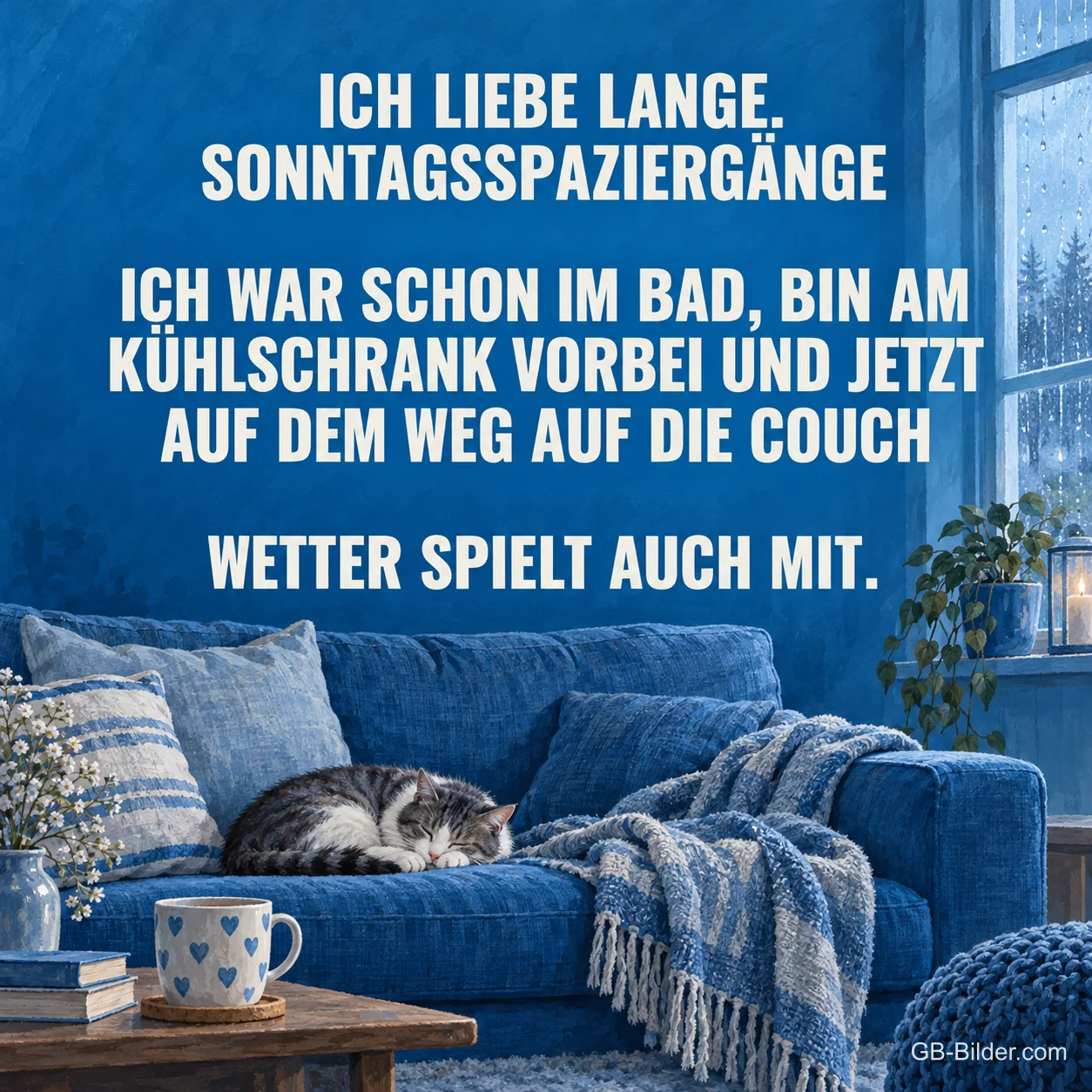 Schlafende Katze auf blauem Sofa, lustiger Spruch über Sonntagsspaziergänge