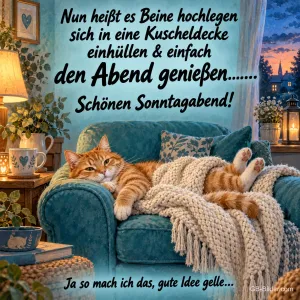 Entspannte Katze auf dem Sofa, Text: Nun heißt es Beine hochlegen, sich in eine Kuscheldecke einhüllen & ei