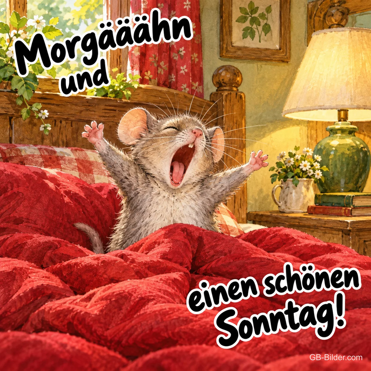 Maus streckt sich gähnend im Bett unter einer roten Decke, Text: Morgäääähn und einen schönen Sonntag!