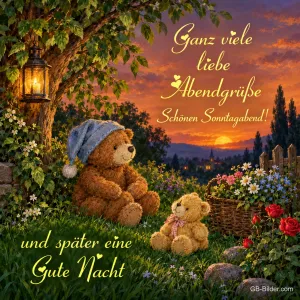 Teddybären im Abendrot, Text: Ganz viele liebe Abendgrüße