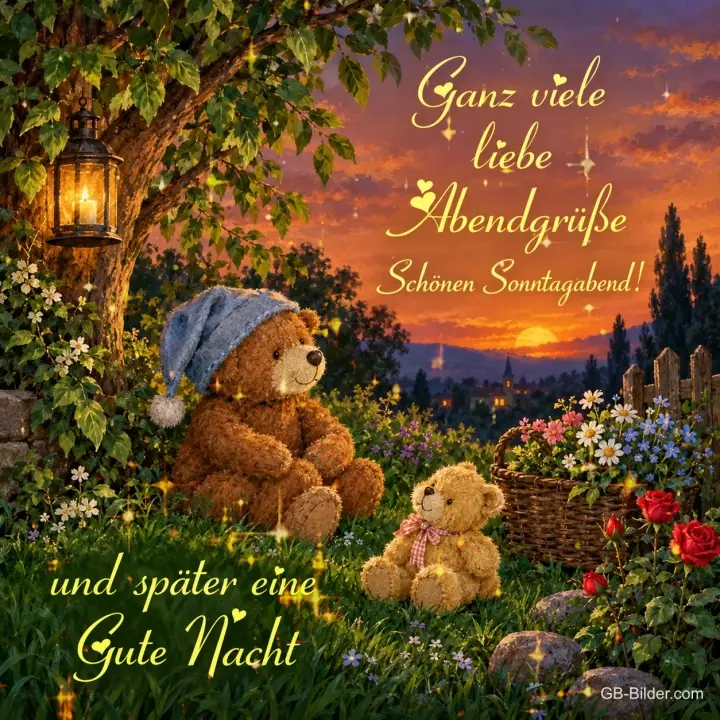 Teddybären im Abendrot, Text: Ganz viele liebe Abendgrüße Teddybären im Abendrot, Text: Ganz viele liebe Abendgrüße