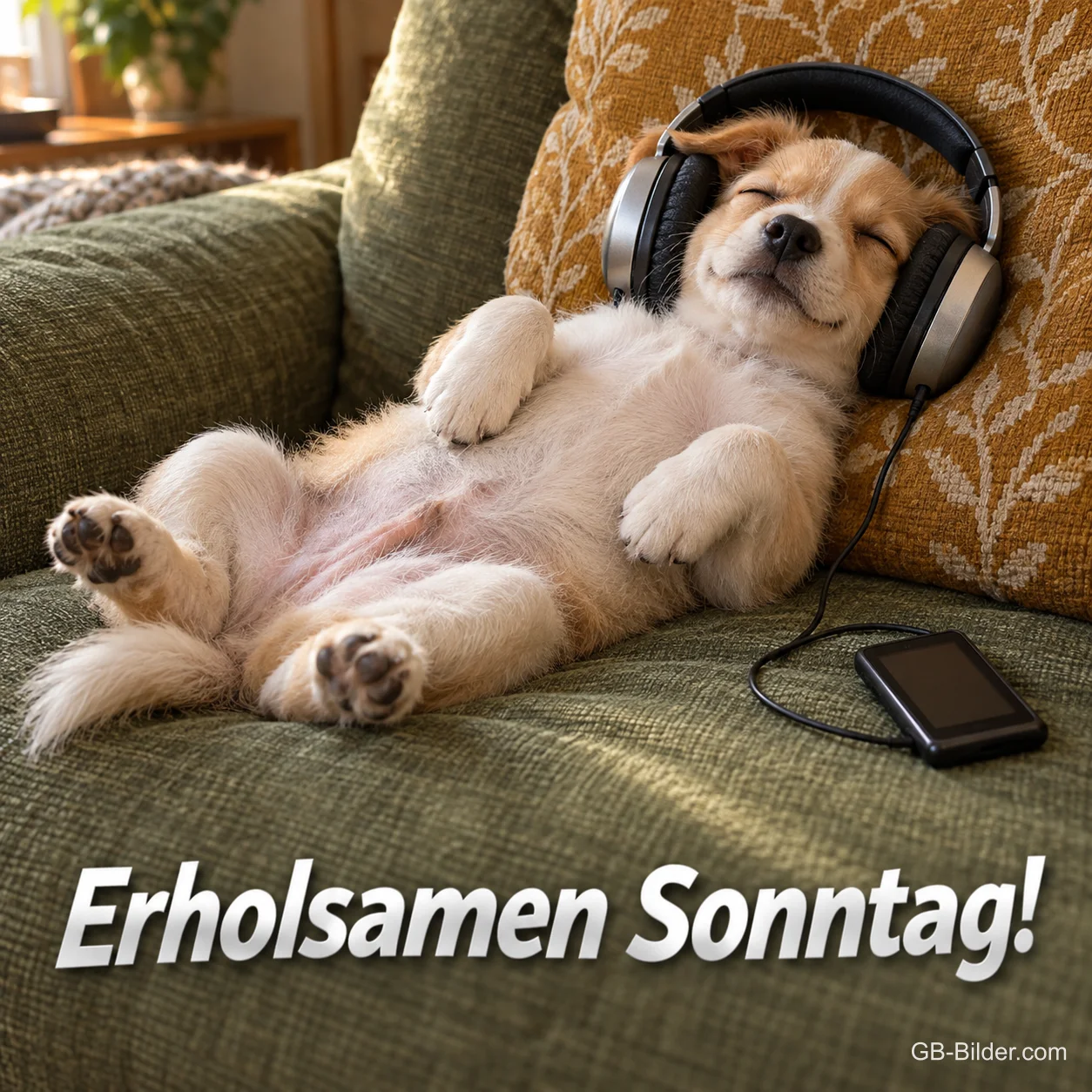 Welpe liegt mit Kopfhörern entspannt auf dem Rücken auf dem Sofa, Text: Erholsamen Sonntag!
