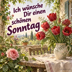 Rote Tulpen im Krug, Text: Ich wünsche Dir einen schönen Sonntag