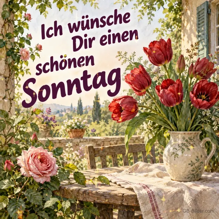 Rote Tulpen im Krug, Text: Ich wünsche Dir einen schönen Sonntag