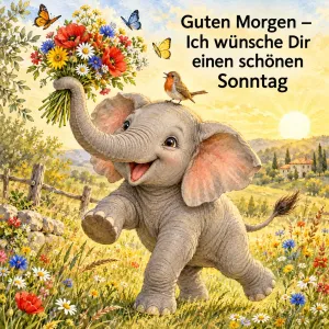Elefantenbaby hält einen Blumenstrauß mit dem Rüssel auf einer Sommerwiese, Text: Guten Morgen – Ich wünsche Dir einen schönen Sonntag
