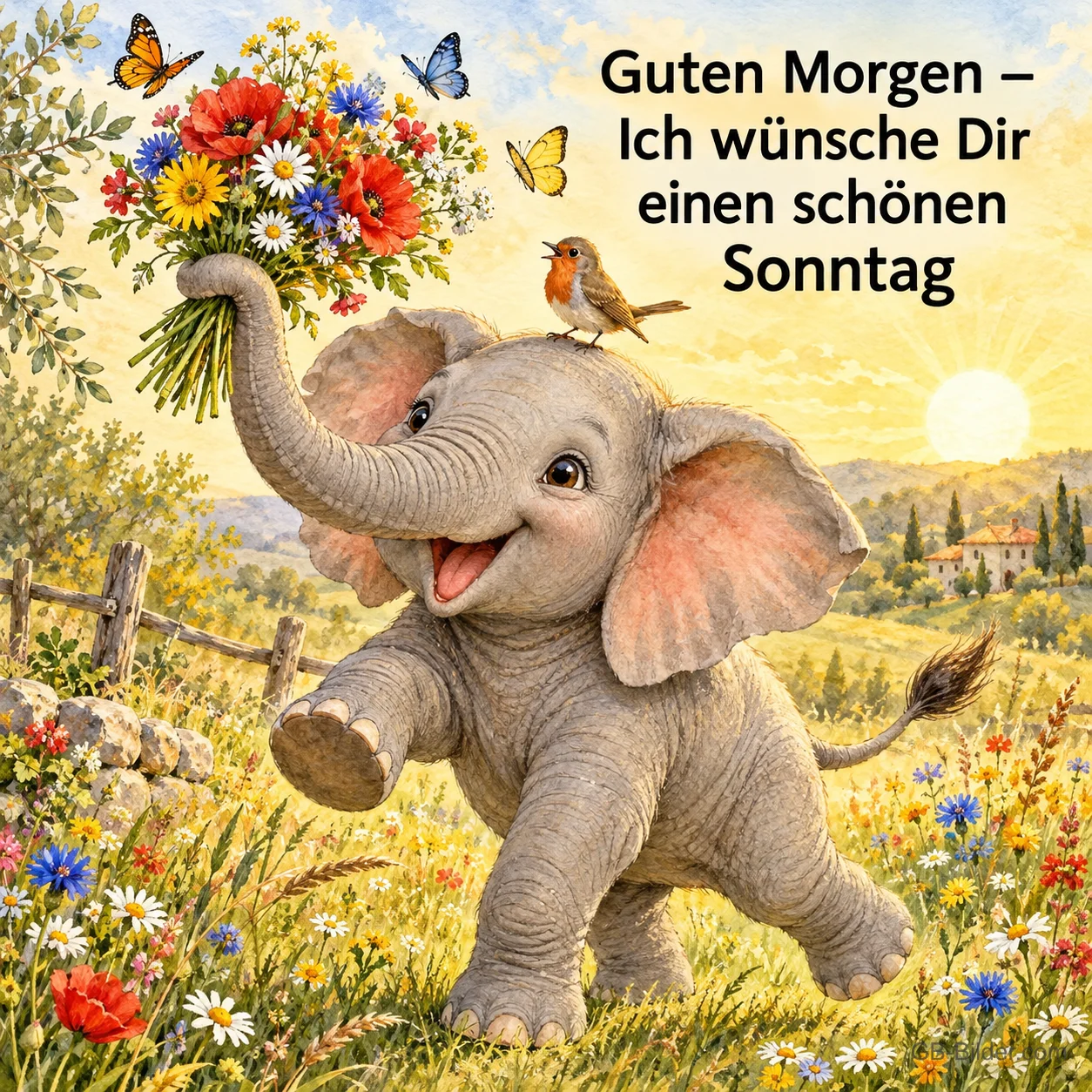 Elefantenbaby hält einen Blumenstrauß mit dem Rüssel auf einer Sommerwiese, Text: Guten Morgen – Ich wünsche Dir einen schönen Sonntag